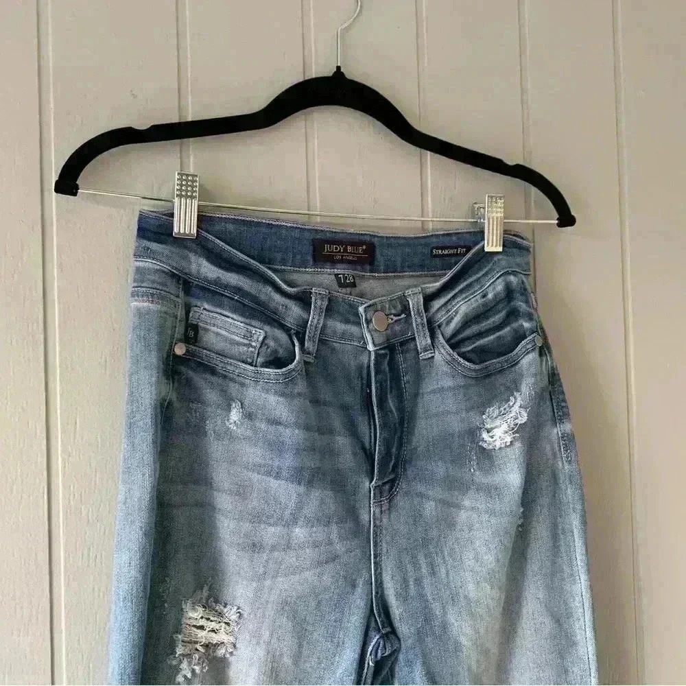 Judy Blue Slim Fit Destroyed Hem Straight Leg Denim 7 - Picture 4 of 15
